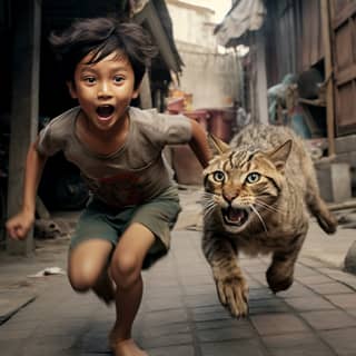 a boy is running with a cat running in the street in the style of 32k uhd strong facial expression maranao art taxidermy