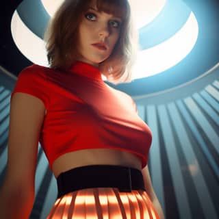 close up cinematic still portrait short skirt 60% negative space made of 80s increase interest interior design aperture f1/4