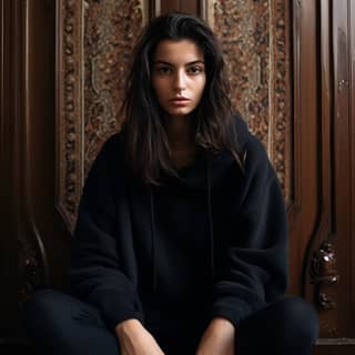 girl sitting on turkish vintage rug in a parisian apartment infront of parisian doors wearing oversized black hoodie