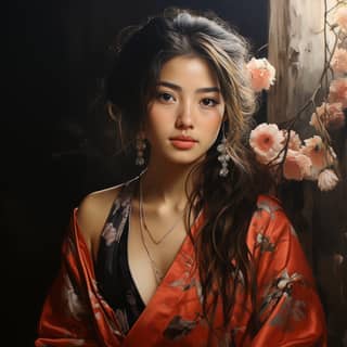 japonese girl, woman in a kimono with flowers