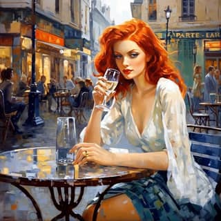 **konstantin rasumov beutiful redhead drinking white wine in a cafe on a street table in Paris