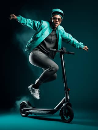 person with no apparent gender riding on electric scooter one hand in the air holding silver pen capture in motion IQOS