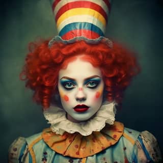 A pretty Victorian colorful female clown, with red hair and a clown hat