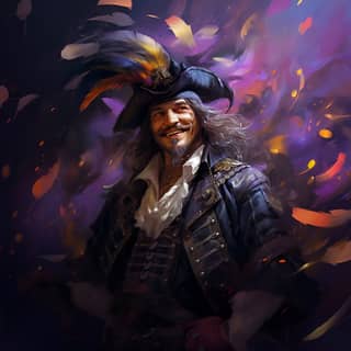 a rich middle-aged pirate violet tricorn hat with big feather joyful entertainer monsieur loyal pirate lot of jewels smiling