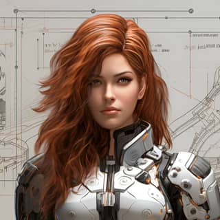 Una futuristica spacemarine femminile in armatura nera con dettagli dorati in piedi accanto a un progetto.