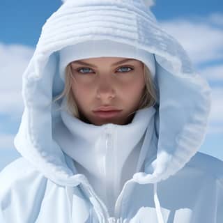 In the style of Ben Toms fashion still life photography winter sport campaign Delicate face white moody blue background and