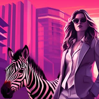 white business woman with a zebra in a tech city purple sky