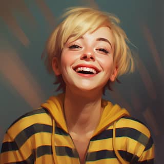 a willowy cute and androgynous girl with a short She is laughing and her eyes are relaxed and squinting in laughter She is