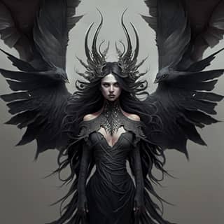 Une femme à la peau grise, aux longs cheveux noirs ondulés, aux yeux blancs, et aux ailes d'oiseau noires, avec des cornes de dragon sur la tête, portant une élégante robe noire.