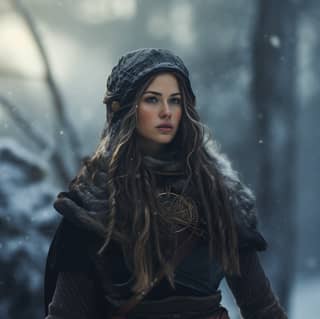 Beautiful medieval pagan woman with black one big braid on the side of her head dressed in a medieval hunter's march a hood