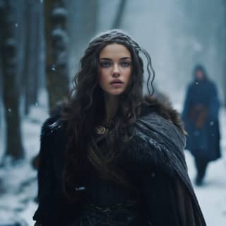 Una bellissima donna pagana medievale in mantello nero e cappotto blu che cammina in una foresta innevata.