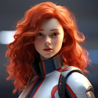 Le personnage Alice est une fille aux cheveux courts roux bouclés et brillants, vêtue d'une armure blanche et portant une combinaison de course de Formule 1.