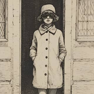 Elle est un vrai désastre Un gribouillage minimaliste d'un visage expressif de fille portant des lunettes et une robe courte
