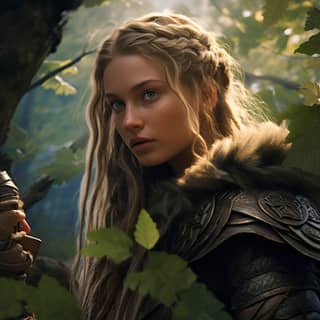 The German warrior with her long braided hair and piercing blue eyes blends into the lush greenery as she waits for the