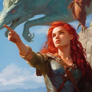 adventureous scenery fantasy sky dragon spotting pointing red haired female