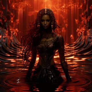 an dark image with a dark woman in water in the style of vray tracing red and bronze intricate embellishments luminous