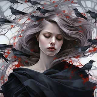 beautiful female with black birds and grey floating fabric red white blends