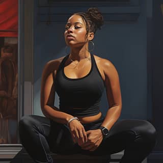 a chubby young black female hip-hop dancer with braided hair She is wearing clothes from Hypebeast Scene: Croydon London