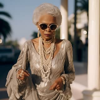 Une femme âgée en robe argentée et lunettes de soleil marche sur un trottoir à Cannes.