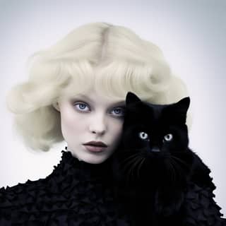 Mujer rubia con ojos azules sosteniendo un gato negro en una foto de moda glamorosa y surrealista.