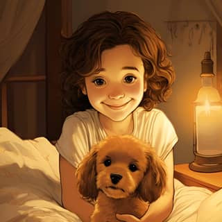 hand-drawn illustration young Lily is the central figure sitting up in her bed with large pleading "puppy-dog" eyes She's