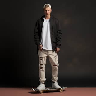 Un giovane in abbigliamento streetwear e pantaloni kaki fa skateboard.