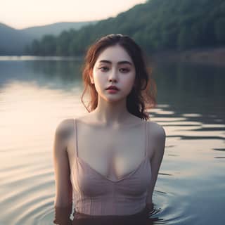 水着とピンクのドレスを着た女性が水中に浮かんでおり、彼女の韓国の美しさと美白肌を披露しています。