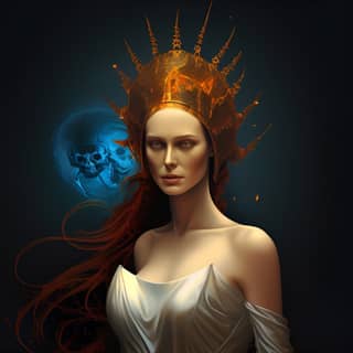 with long red hair and a skull headdress