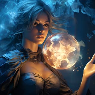 mighty witch of blue electrical element electrical orbs sparkling and orbiting fighting scene exploding lightning light blue