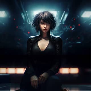 James'in Kabuktaki Hayalet. Motoko Kusanagi karanlık bir odada oturuyor.