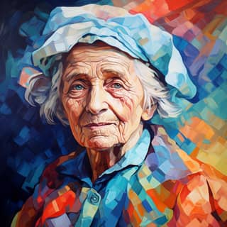 Eine alte Frau in einem blauen Hut und Schal, gemalt im Stil des Postimpressionismus mit lebendigen Farben und stilisierten Formen, die die emotionale Wirkung der Szene betonen.