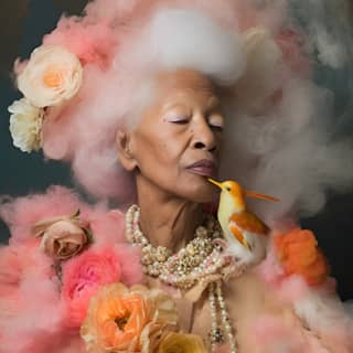 Uma mulher mais velha com penas rosa e brancas e flores, vestindo um vestido rosa e segurando um pássaro, com asas de anjo e criaturas de outro mundo. #vfxfriday detalhes exuberantes e colorismo.