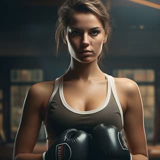 photorealistic lady wearing gym shorts and boxing gloves Cannon lens