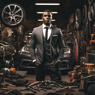 a picture of a black man wearing suit at a car repair shop with tools behind him and Picture should be high quality