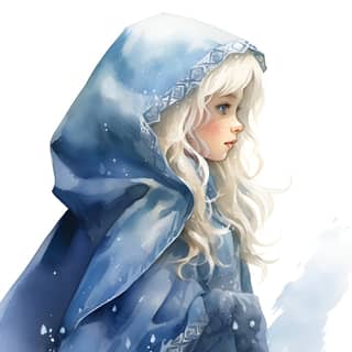 side profile seeting create a 5 year-old winter princess with sparkling white hair and a blue dress in a vintage