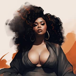 smoke and mirrors bipoc plus size fashion design sketch, with big breasts and a black dress