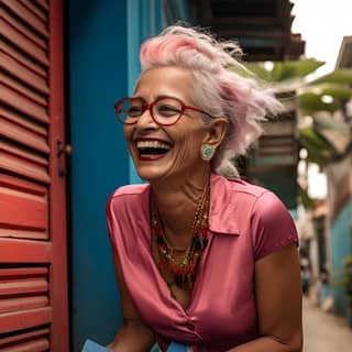 a very happy woman with colored hair and vibrant colored clothes on houses front door a postman bringing her many parcels