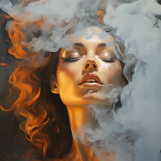 woman wearing mirrored sunglasses, with smoke coming out of her hair