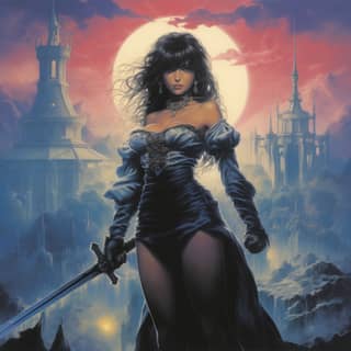 1980s dark fantasy beautiful swordswoman thighs belly NES game box art