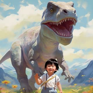 A Chinese baby boy standing with a Tyrannosaurus rex outdoors splendid weather mountainous horizon in the style of fang