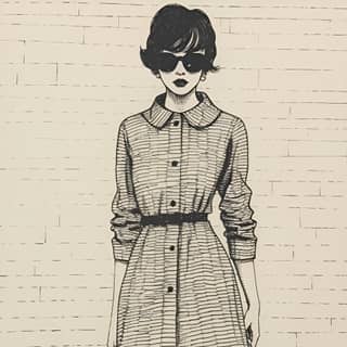 Un dibujo minimalista de una niña con un vestido y gafas de sol en las calles de Nueva York.