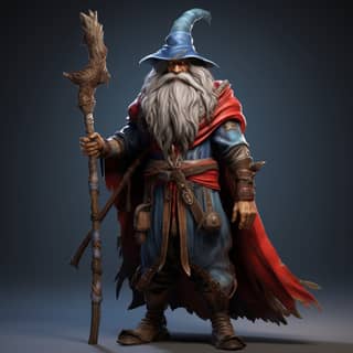 Un anciano llamado Elminster Aumar es alto, delgado y encantador, con una larga barba, un sombrero puntiagudo rojo y azul, y un bastón de madera rodeado de energía mágica.