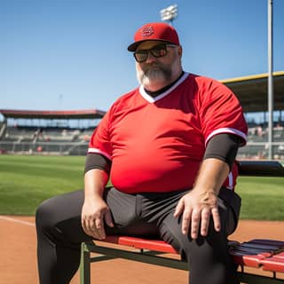 Full entire body in frame Nick Offerman baseball catcher Big strong heavy 320 pounds 56 year old wearing baseball catcher