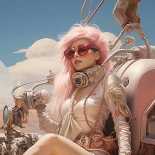 Mujer rubia con traje futurista y gafas sentada en una motocicleta con cabello rosa.