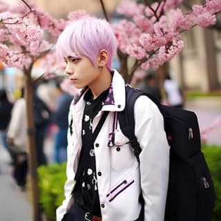 Seorang anak laki-laki mengenakan seragam sekolah menengah Jepang berwarna hijau dengan penuh perhatian melihat daun pohon sakura sambil merokok di Kota Chizuru, Jepang, di mana ada orang dengan rambut pink sedang berjalan di jalan.