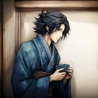 ancient dark hair fair skin wearing blue robes standing at a door holding a wooden box watercolored pencil linear