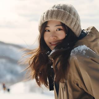 Menina asiática praticante de snowboard desfrutando do tempo nevado com uma expressão legal e sorrindo para a câmera.