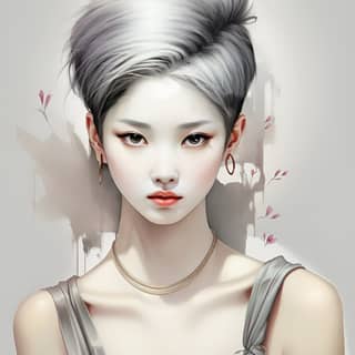 contemporary modern chinese short hair wear gray t-shirt, a digital with white hair