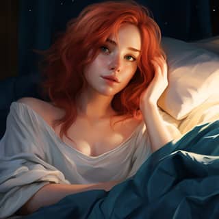 A cute half-elven woman with bright red hair and blue eyes wearing nightgown while cuddling her pillow in bed