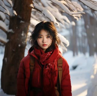 A girl with a red scarf an Asian face a background of snow sunshine and a tall tree